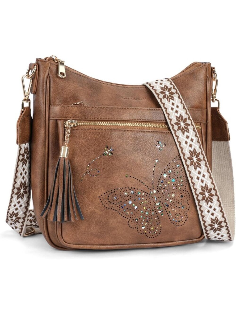 Women's Brown Leather Stylish Butterfly Shoulder Crossbody Handbags with Tassel